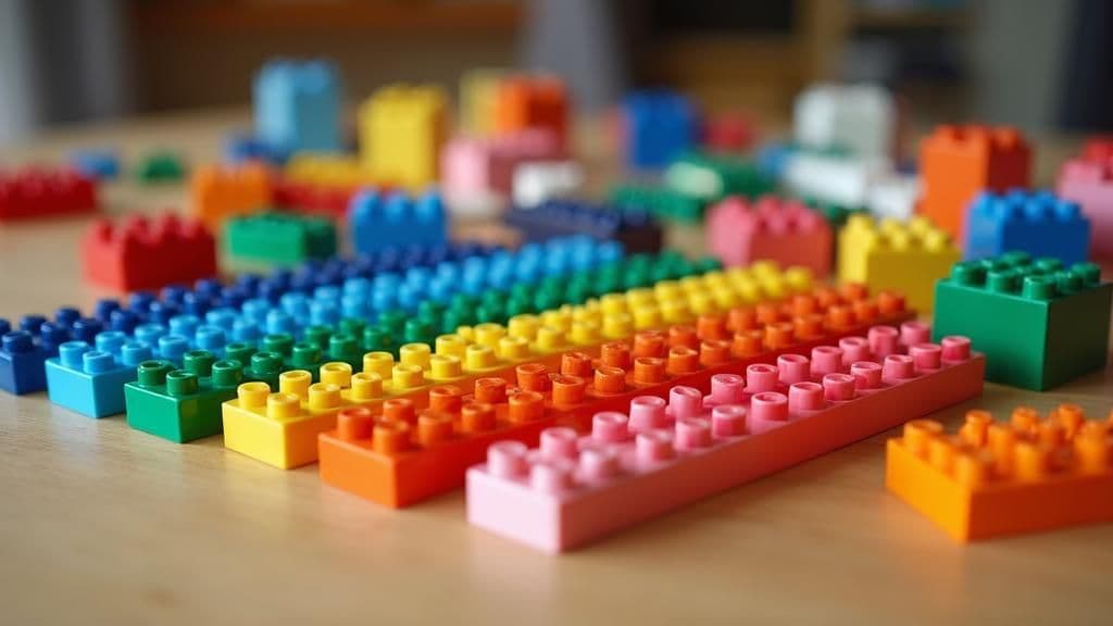 Close-up of colourful toy building blocks (LEGO-style) arranged in rows, creating a rainbow gradient on a light wooden surface.