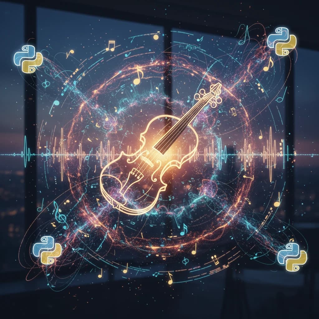 Stylistic image of a glowing violin at the center of a soundwave, surrounded by musical notes and Python logos, representing the intersection of music and programming for audio analysis.